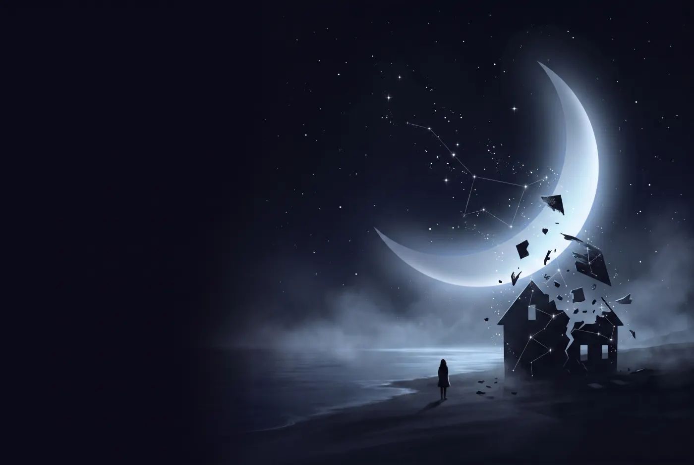 Dreaming About a House Falling Apart — a lone figure beneath a crescent moon, the dream drawn in starlight