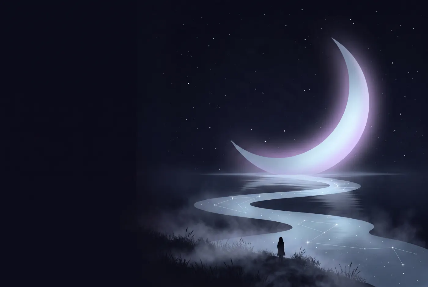 Dreaming About a River — a lone figure beneath a crescent moon, the dream drawn in starlight