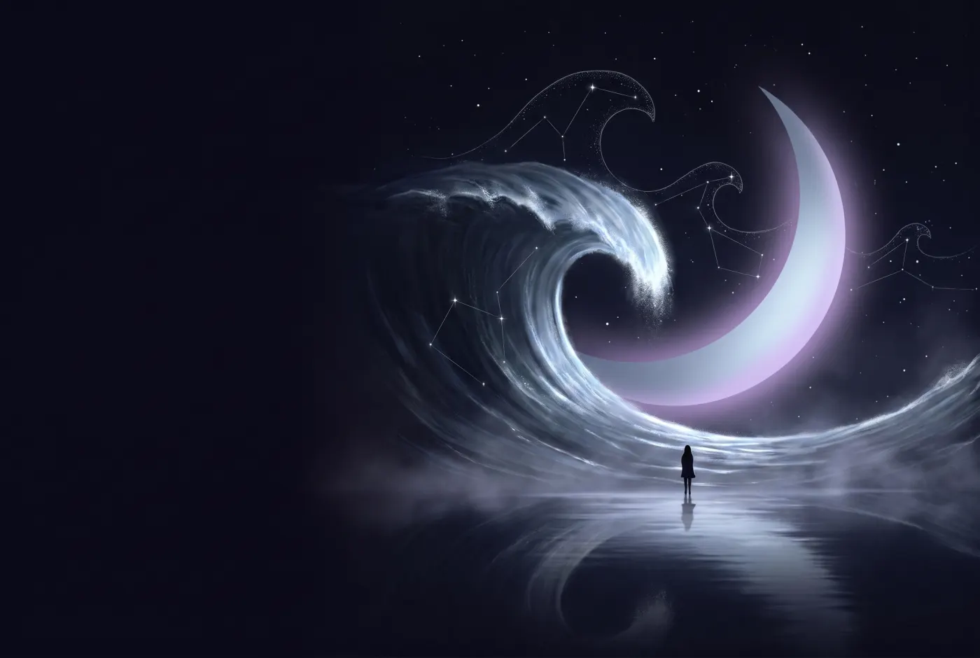 Dreaming About a Tsunami — a lone figure beneath a crescent moon, the dream drawn in starlight