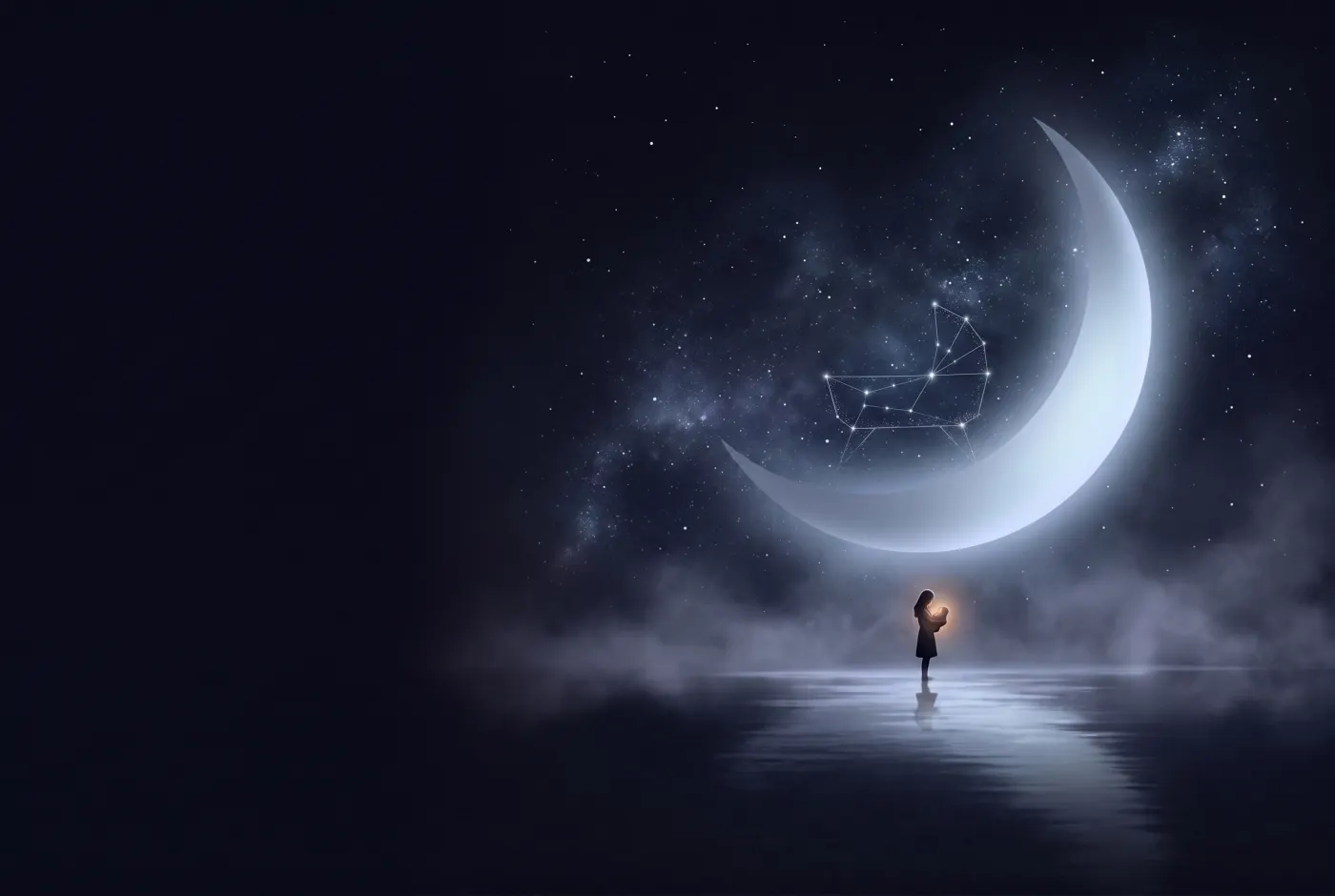 Dreaming About a Baby — a lone figure beneath a crescent moon, the dream drawn in starlight
