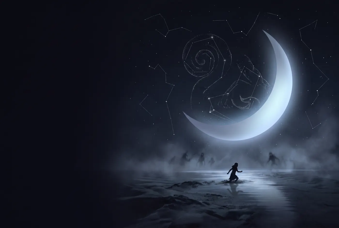 Dreaming That You Cannot Run While Being Chased — a lone figure beneath a crescent moon, the dream drawn in starlight
