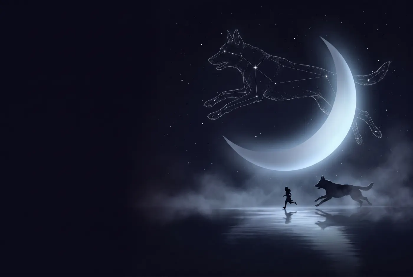 Dreaming About Being Chased by a Dog — a lone figure beneath a crescent moon, the dream drawn in starlight