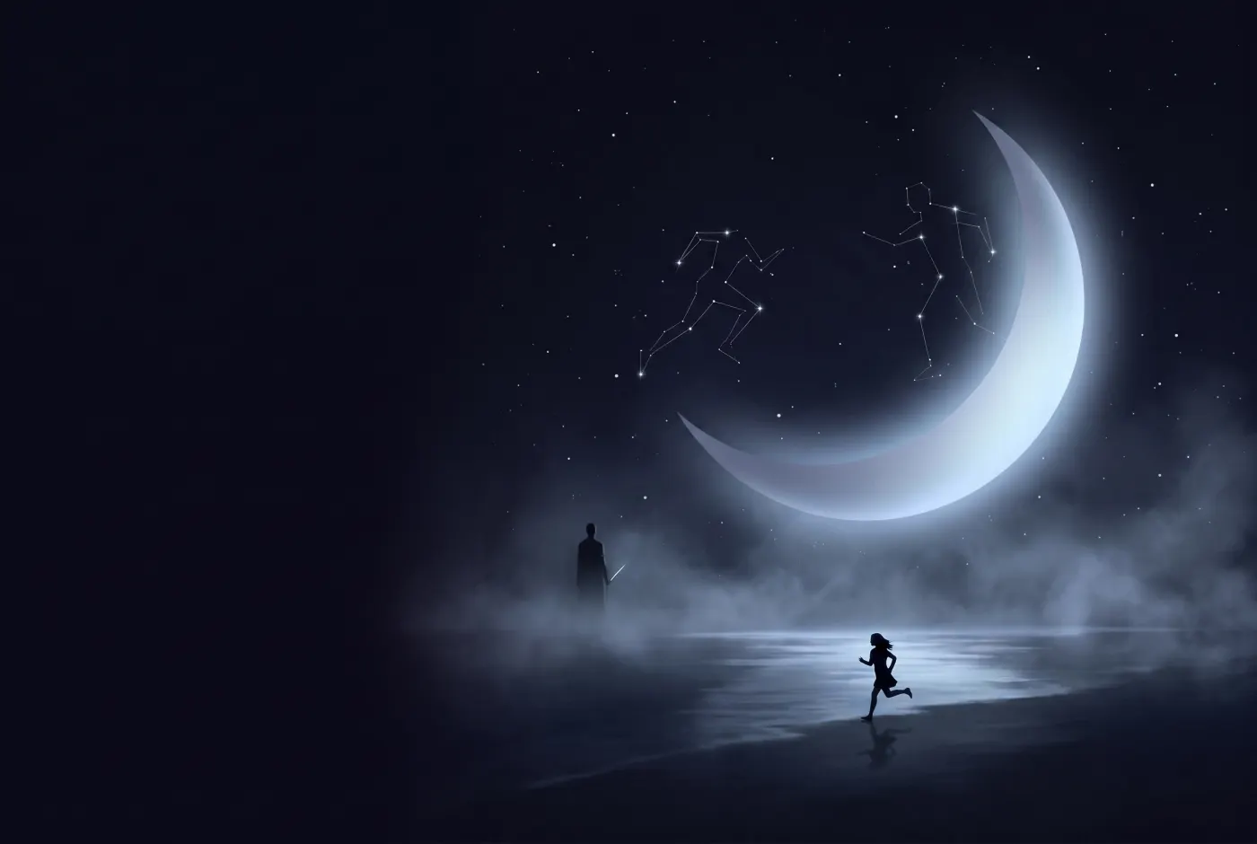 Dreaming About Being Chased by a Killer — a lone figure beneath a crescent moon, the dream drawn in starlight