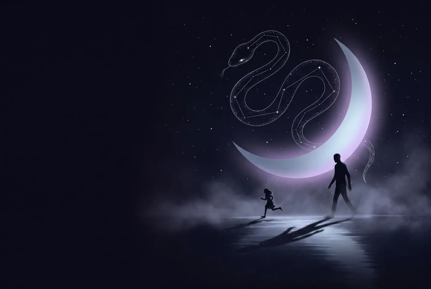 Dreaming About Being Chased by a Man — a lone figure beneath a crescent moon, the dream drawn in starlight