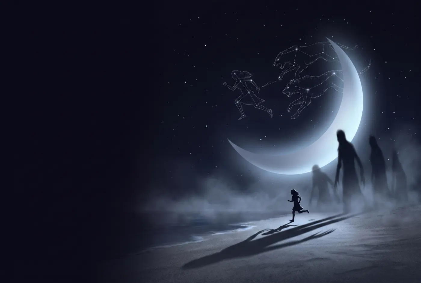 Dreaming About Being Chased — a lone figure beneath a crescent moon, the dream drawn in starlight