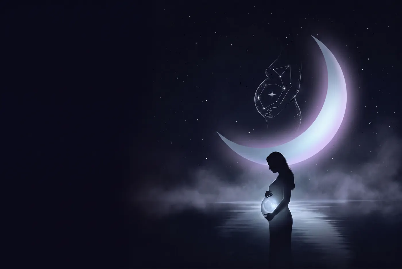 Dreaming That You Are Pregnant — a lone figure beneath a crescent moon, the dream drawn in starlight