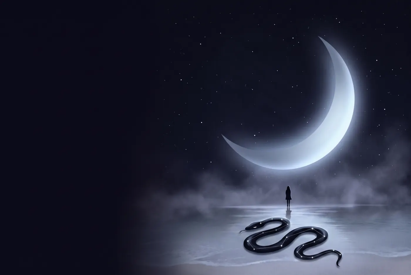 Dreaming About a Black Snake — a lone figure beneath a crescent moon, the dream drawn in starlight