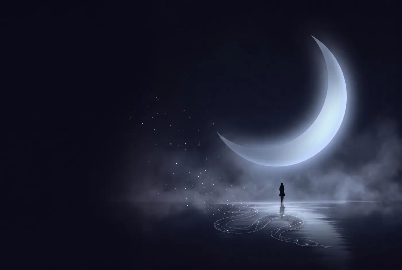 Dreaming About a Dead Snake — a lone figure beneath a crescent moon, the dream drawn in starlight