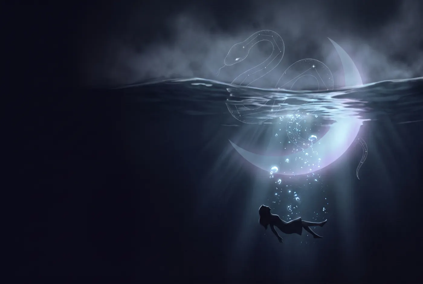 Dreaming About Drowning — a lone figure beneath a crescent moon, the dream drawn in starlight