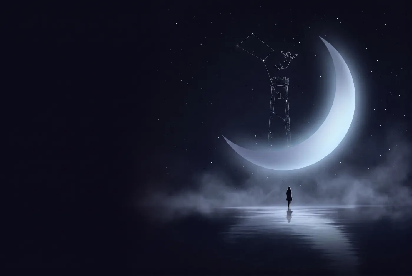 Dreaming About Falling from a Building — a lone figure beneath a crescent moon, the dream drawn in starlight