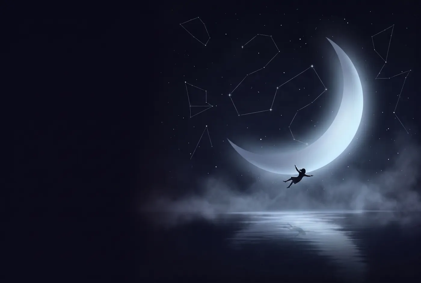 Dreaming About Falling — a lone figure beneath a crescent moon, the dream drawn in starlight