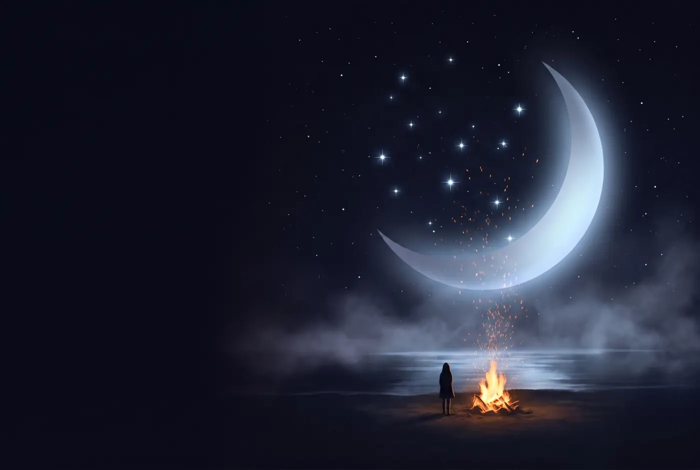 Dreaming About Fire — a lone figure beneath a crescent moon, the dream drawn in starlight