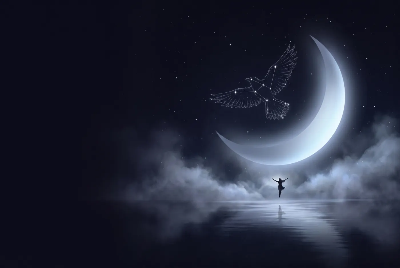 Dreaming About Flying — a lone figure beneath a crescent moon, the dream drawn in starlight