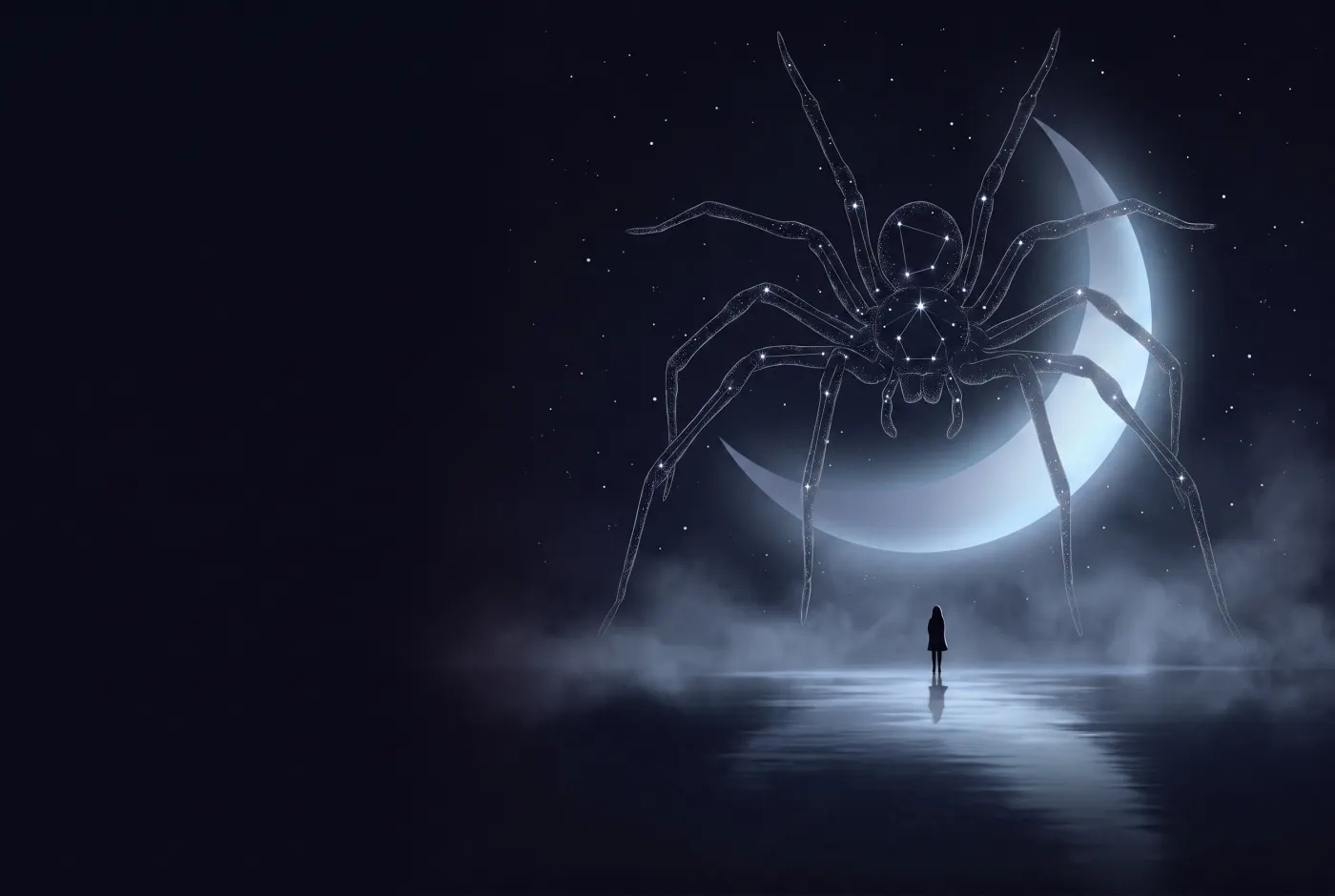 Dreaming About a Giant Spider — a lone figure beneath a crescent moon, the dream drawn in starlight