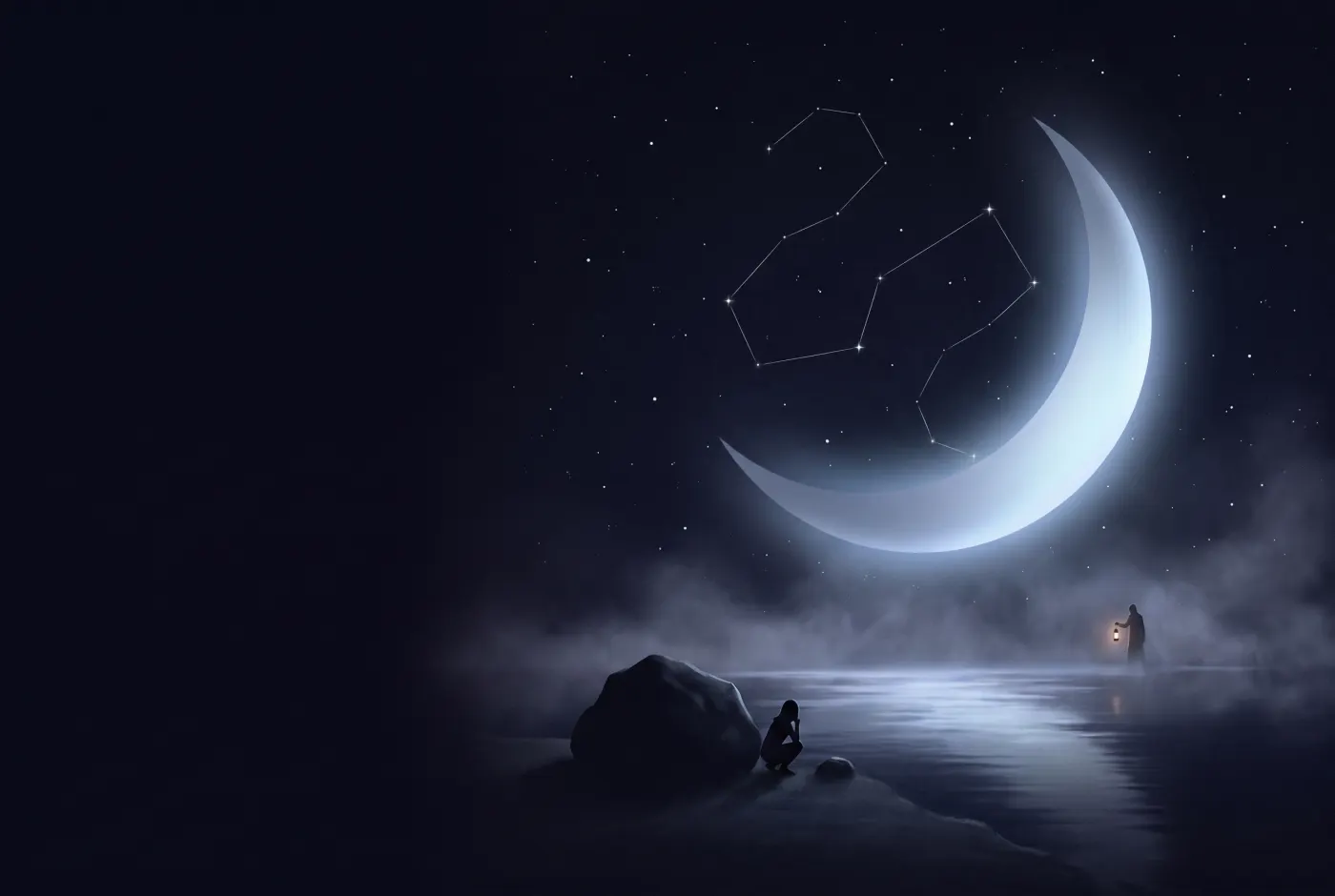Dreaming About Hiding from Someone — a lone figure beneath a crescent moon, the dream drawn in starlight