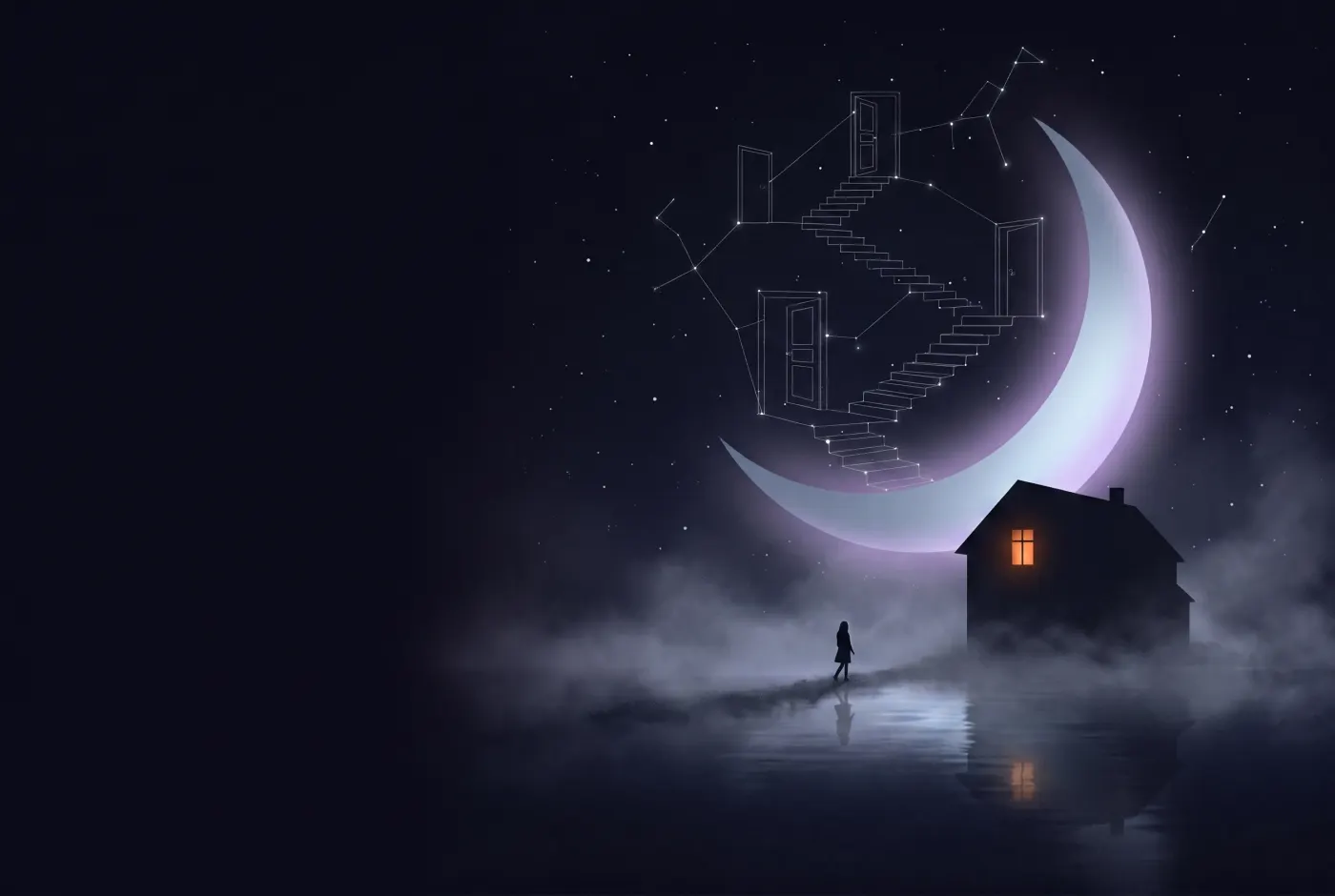 Dreaming About a House — a lone figure beneath a crescent moon, the dream drawn in starlight