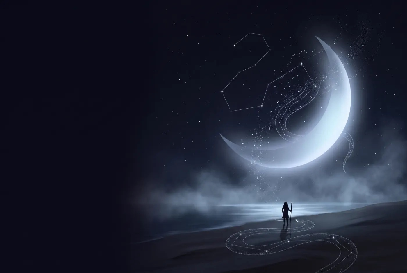 Dreaming That You Kill a Snake — a lone figure beneath a crescent moon, the dream drawn in starlight