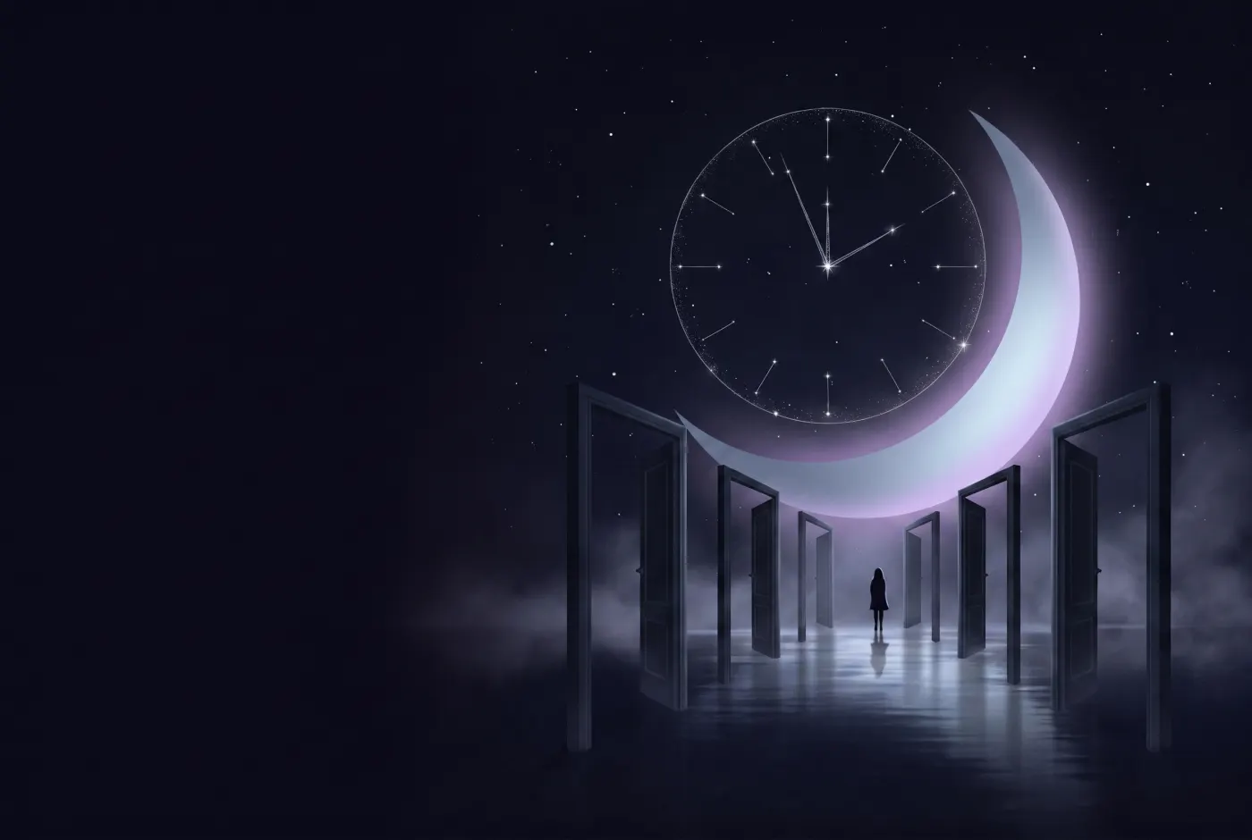 Dreaming About Being Late for an Exam — a lone figure beneath a crescent moon, the dream drawn in starlight