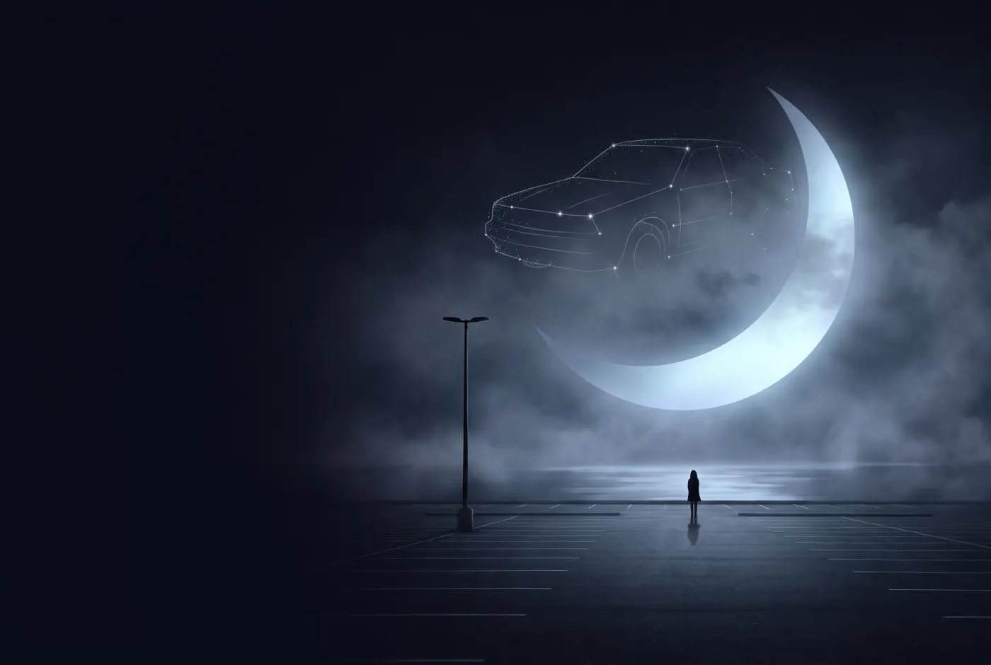 Dreaming About Losing Your Car — a lone figure beneath a crescent moon, the dream drawn in starlight