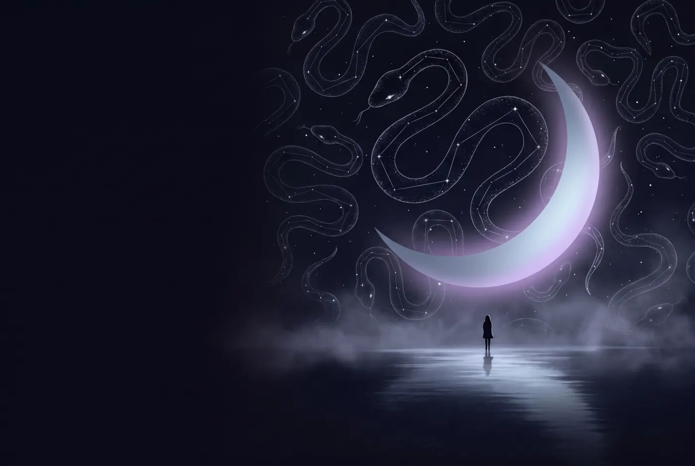 Dreaming About Many Snakes — a lone figure beneath a crescent moon, the dream drawn in starlight