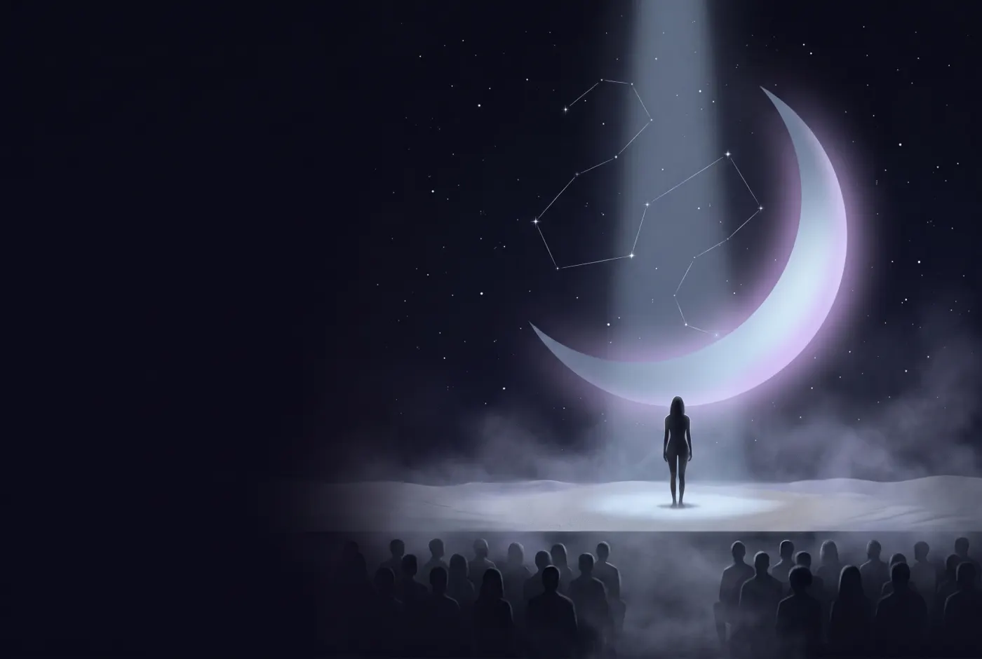 Dreaming About Being Naked in Public — a lone figure beneath a crescent moon, the dream drawn in starlight