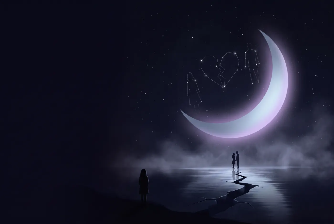 Dreaming That Your Partner Is Cheating — a lone figure beneath a crescent moon, the dream drawn in starlight