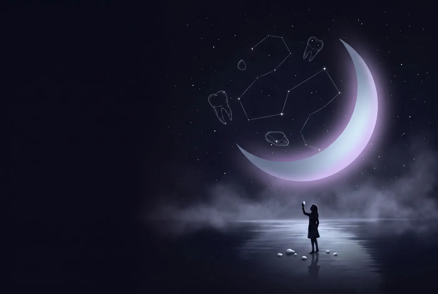 Dreaming About Pulling Out Your Own Teeth — a lone figure beneath a crescent moon, the dream drawn in starlight