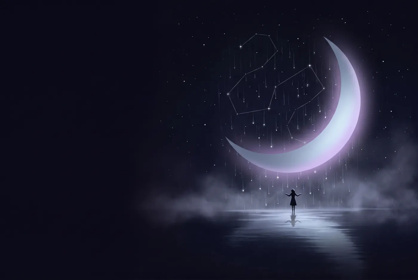 Dreaming About Rain — a lone figure beneath a crescent moon, the dream drawn in starlight