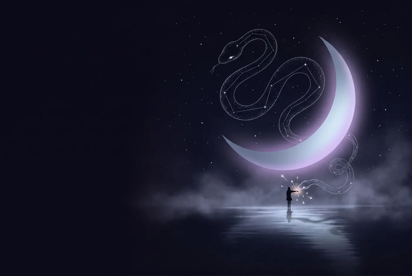 Dreaming About a Snake Biting You — a lone figure beneath a crescent moon, the dream drawn in starlight