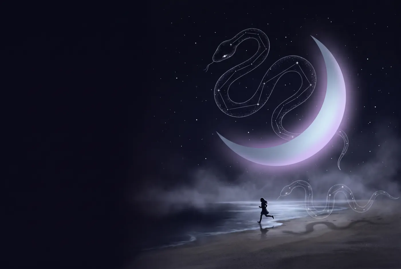 Dreaming About a Snake Chasing You — a lone figure beneath a crescent moon, the dream drawn in starlight