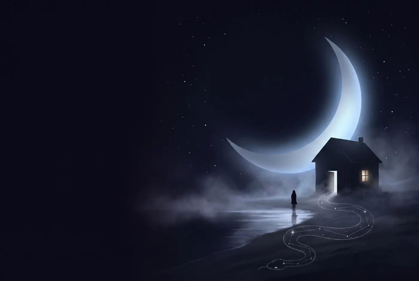 Dreaming About a Snake in the House — a lone figure beneath a crescent moon, the dream drawn in starlight