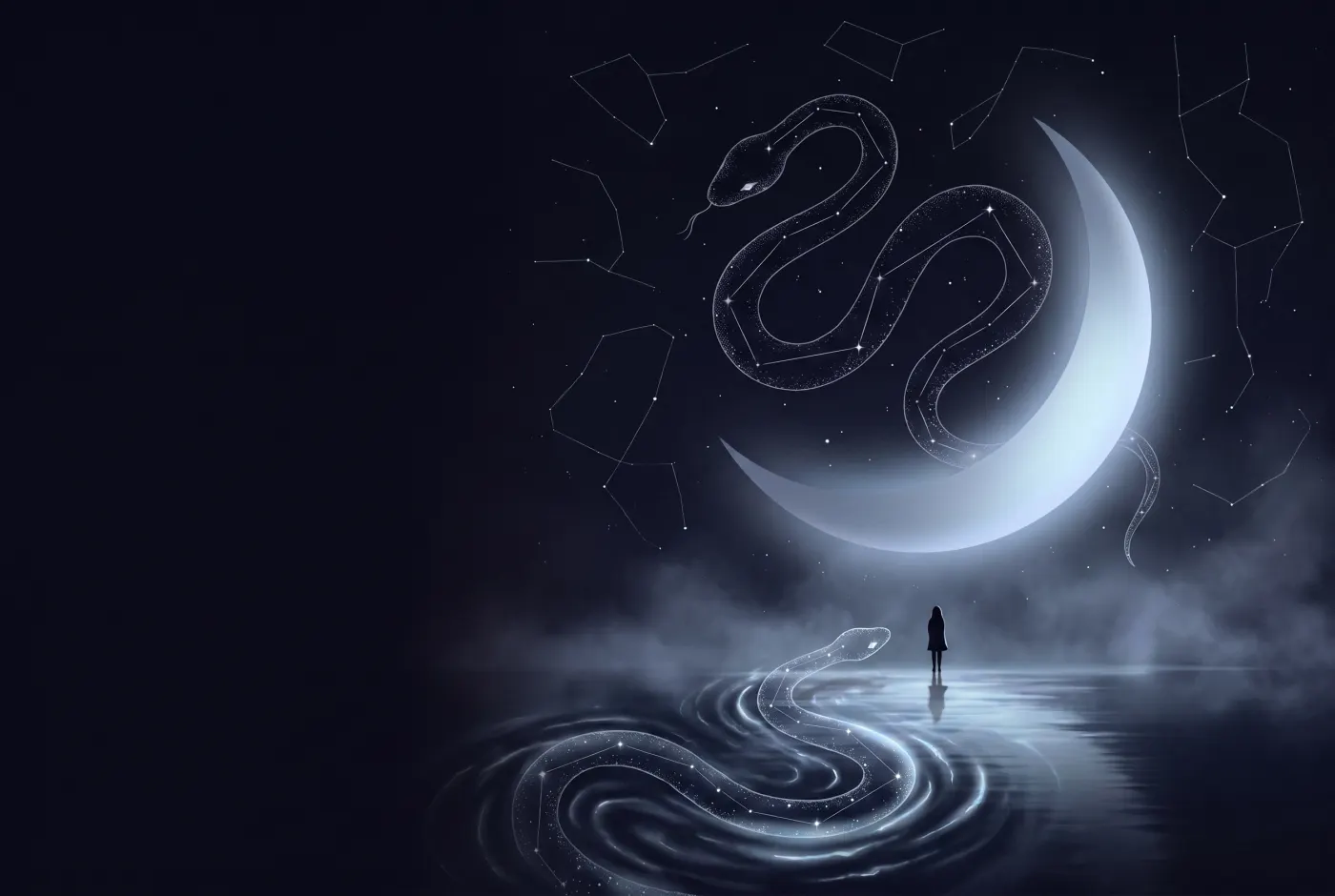 Dreaming About a Snake in Water — a lone figure beneath a crescent moon, the dream drawn in starlight
