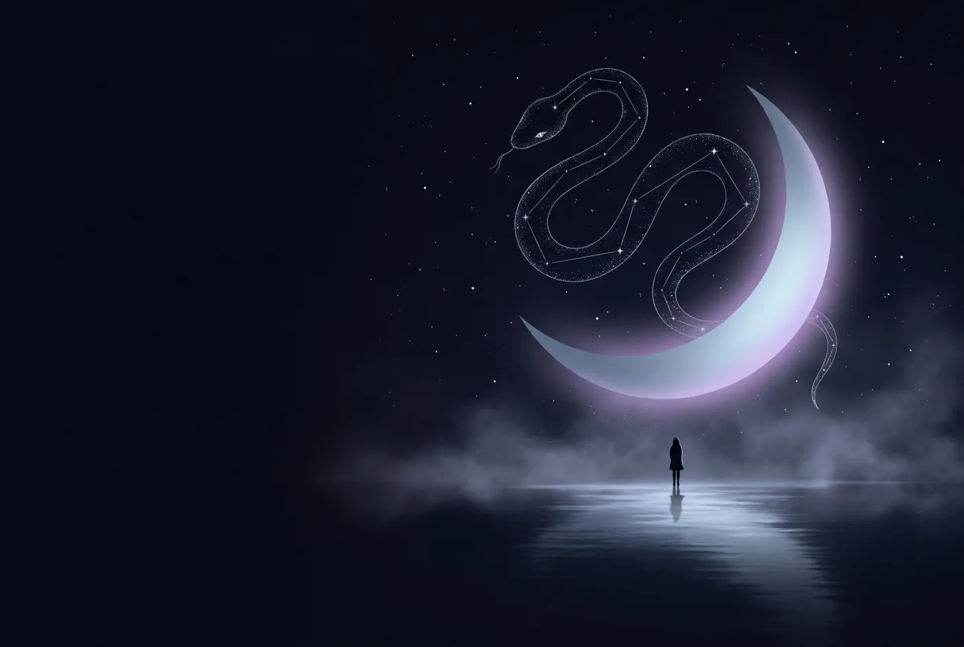 Dreaming About a Snake — a lone figure beneath a crescent moon, the dream drawn in starlight
