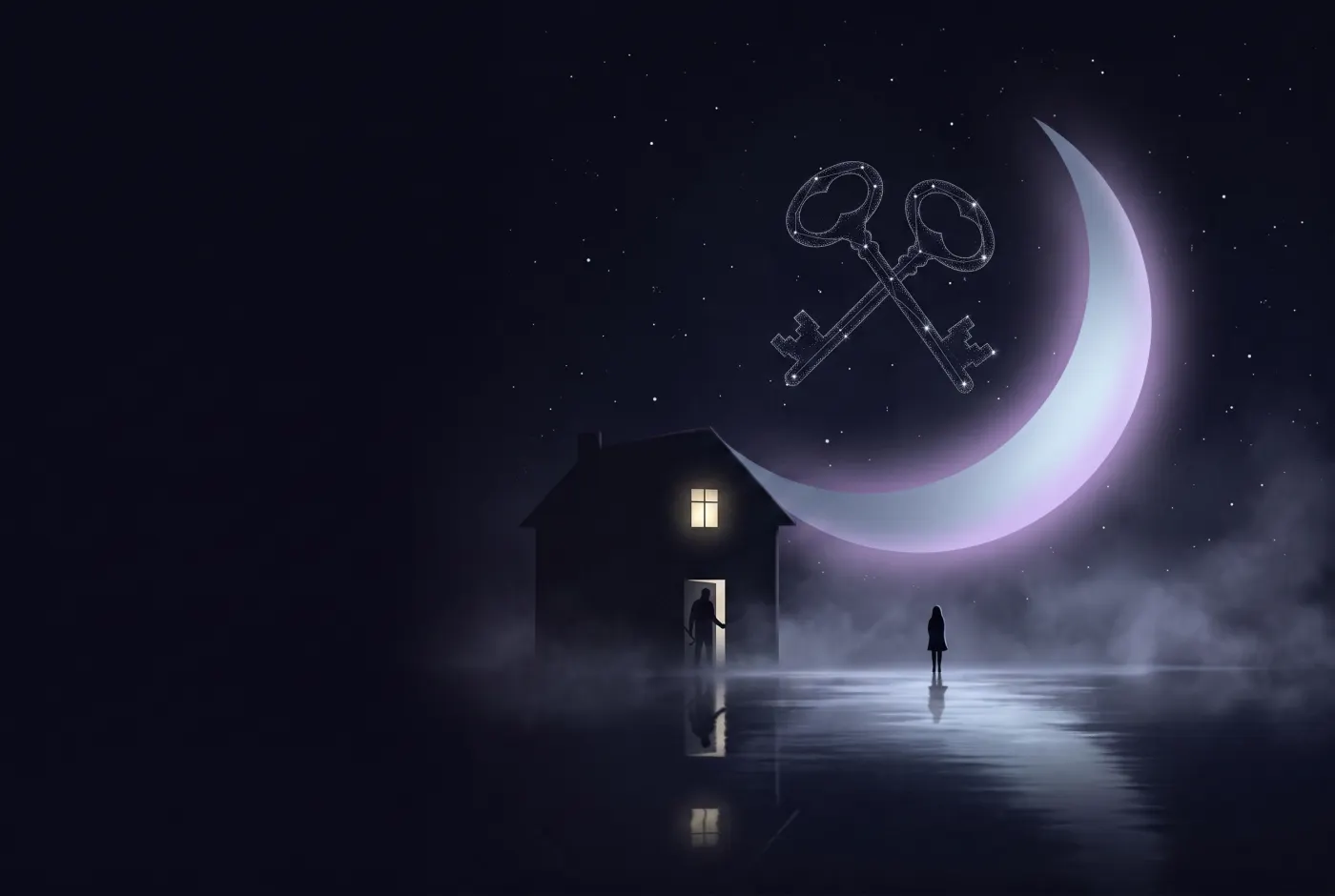 Dreaming About Someone Breaking into Your House — a lone figure beneath a crescent moon, the dream drawn in starlight