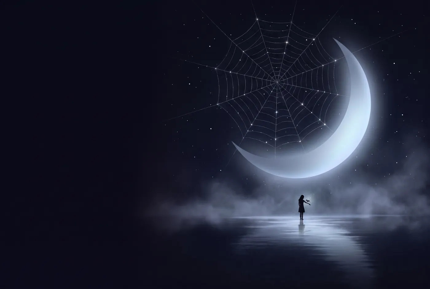Dreaming About Being Bitten by a Spider — a lone figure beneath a crescent moon, the dream drawn in starlight
