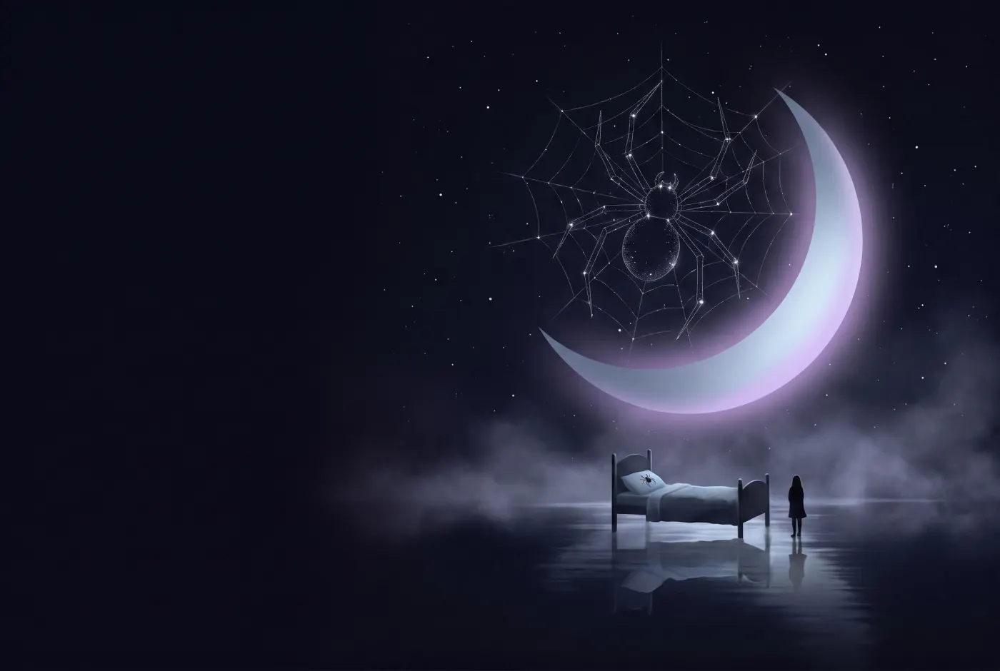 Dreaming About a Spider in Your Bed — a lone figure beneath a crescent moon, the dream drawn in starlight