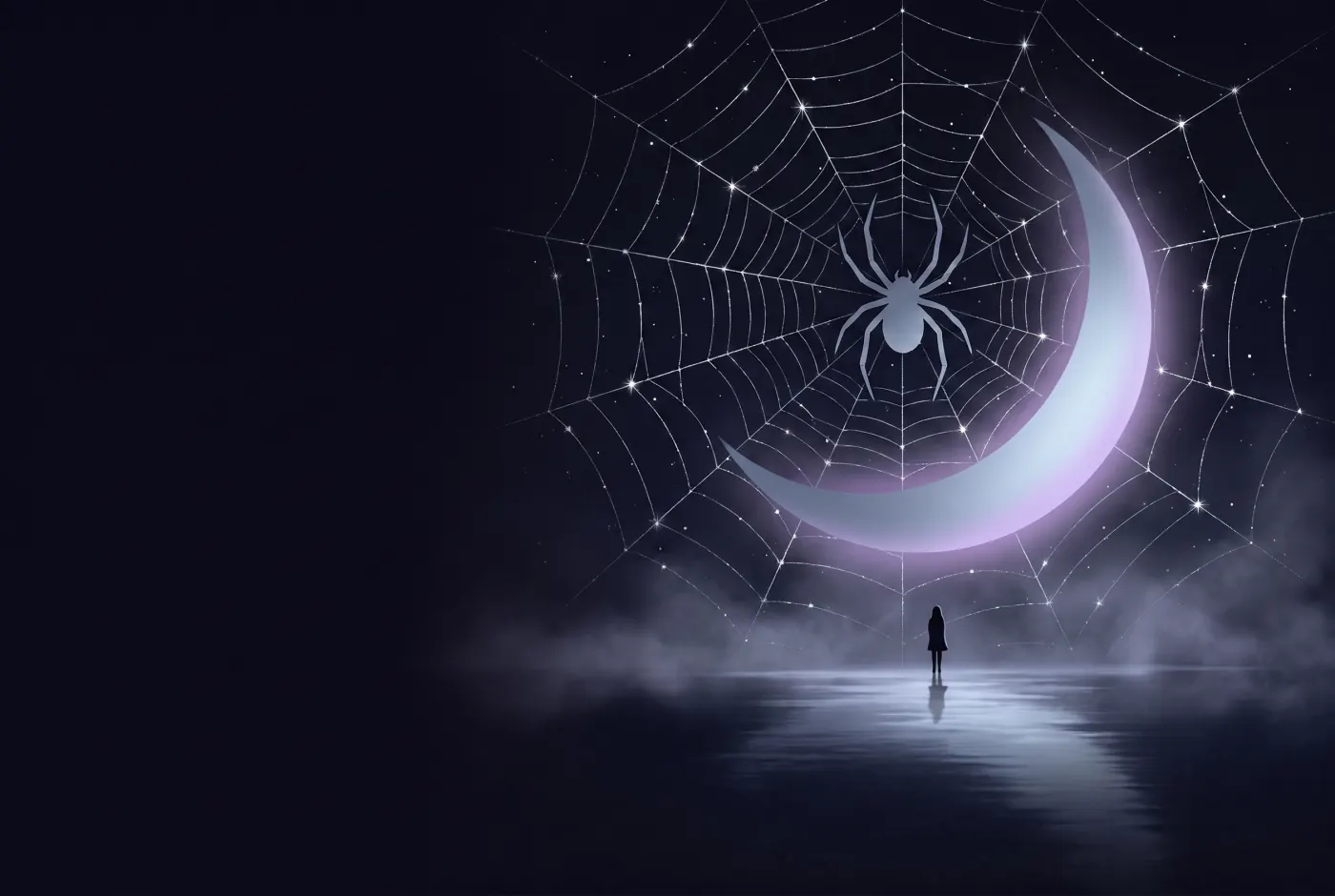 Dreaming About Spiders — a lone figure beneath a crescent moon, the dream drawn in starlight