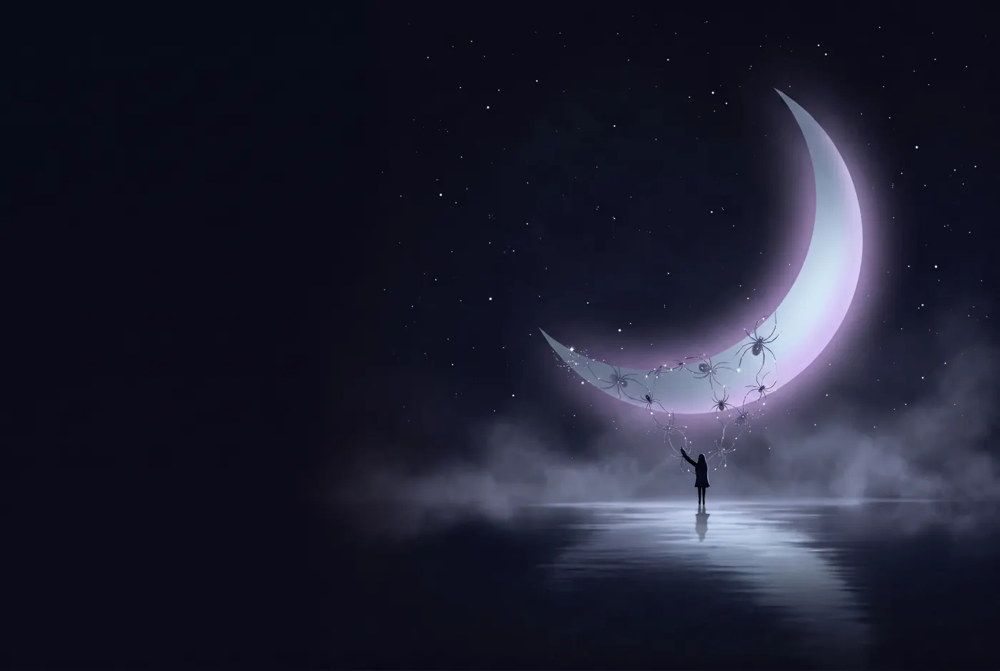 Dreaming About Spiders Crawling on You — a lone figure beneath a crescent moon, the dream drawn in starlight
