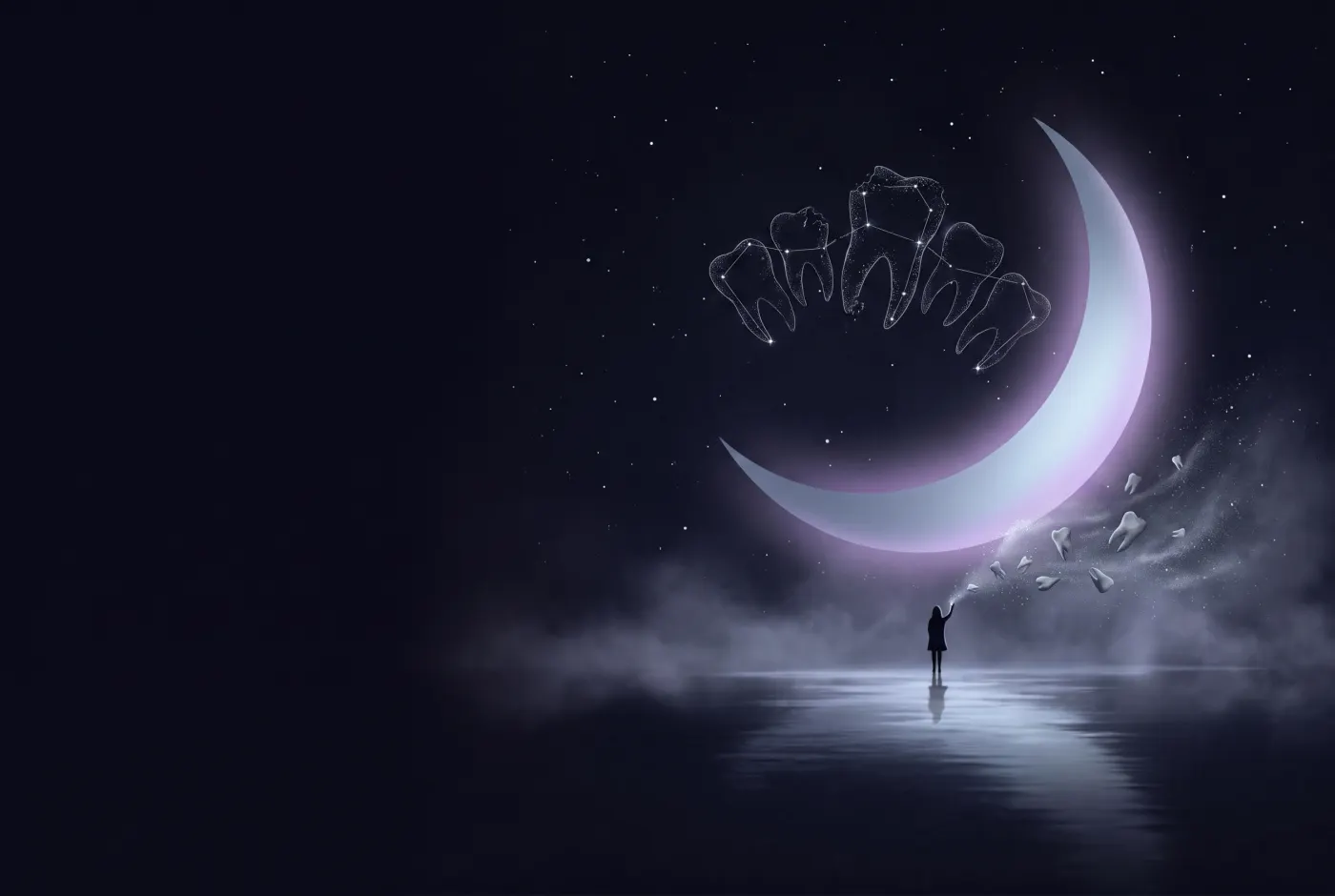 Dreaming About Teeth Crumbling — a lone figure beneath a crescent moon, the dream drawn in starlight
