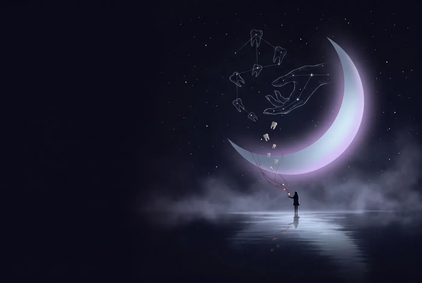 Dreaming That Your Teeth Fall Out and Bleed — a lone figure beneath a crescent moon, the dream drawn in starlight