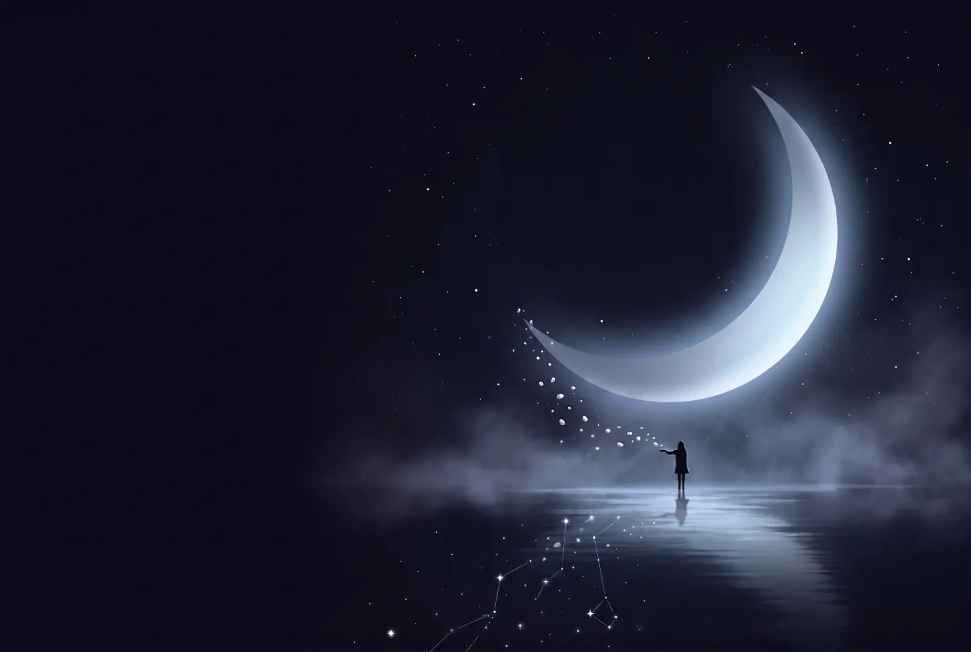 Dreaming Your Teeth Are Falling Out — a lone figure beneath a crescent moon, the dream drawn in starlight