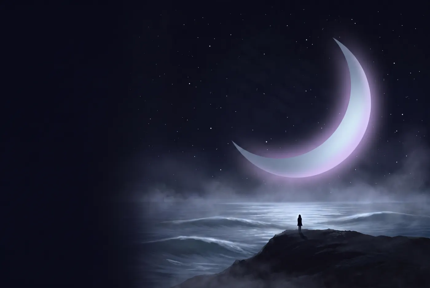 Dreaming About the Ocean — a lone figure beneath a crescent moon, the dream drawn in starlight
