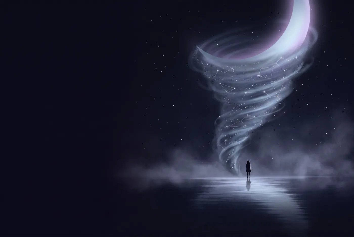 Dreaming About a Tornado — a lone figure beneath a crescent moon, the dream drawn in starlight