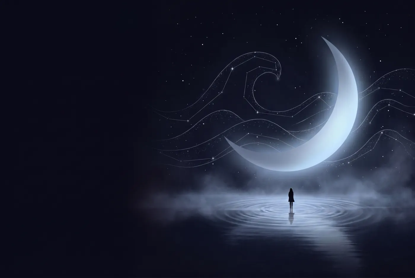 Dreaming About Water and the Ocean — a lone figure beneath a crescent moon, the dream drawn in starlight