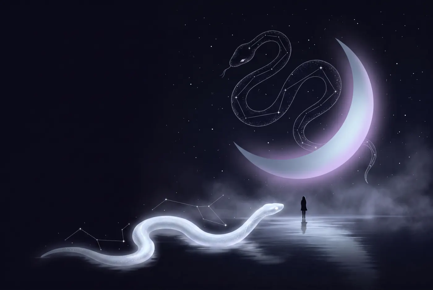 Dreaming About a White Snake — a lone figure beneath a crescent moon, the dream drawn in starlight