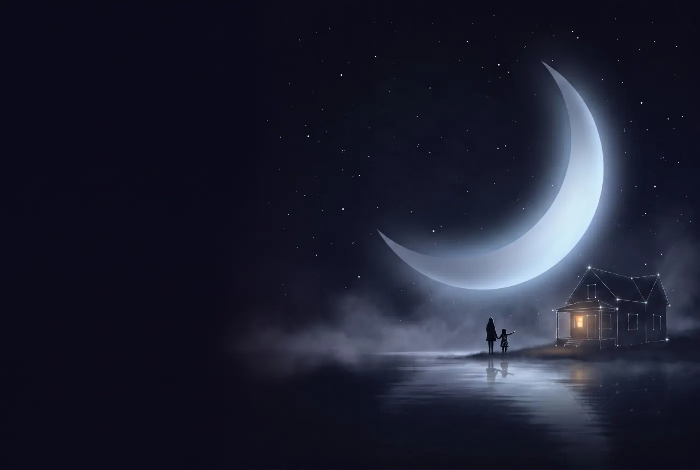 Dreaming About Your Childhood Home — a lone figure beneath a crescent moon, the dream drawn in starlight
