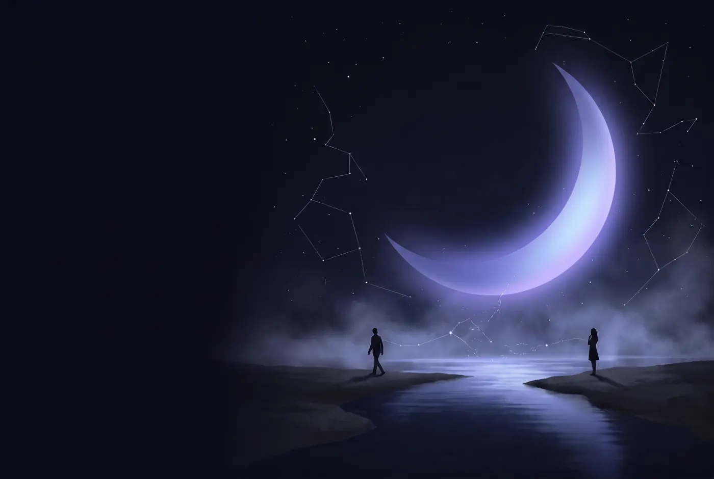 Dreaming About Your Ex — a lone figure beneath a crescent moon, the dream drawn in starlight
